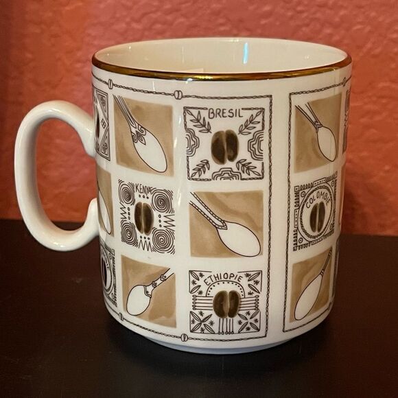 World Coffee Bean Spoon Pattern France Porcelain Gold Rim Coffee Mugs - Picture 8 of 12